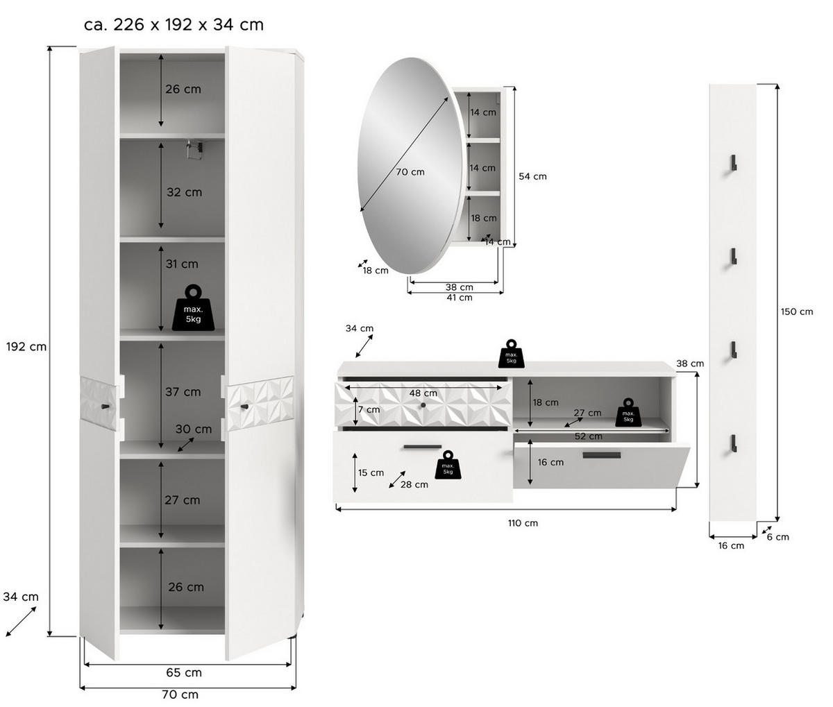 GARDEROBE Set weiß Hochglanz 226 cm, Kombination mit 3D-Struktur - Weiß Hochglanz/Schwarz, Glas/Holzwerkstoff (226/192/34cm) - Inn.Furn