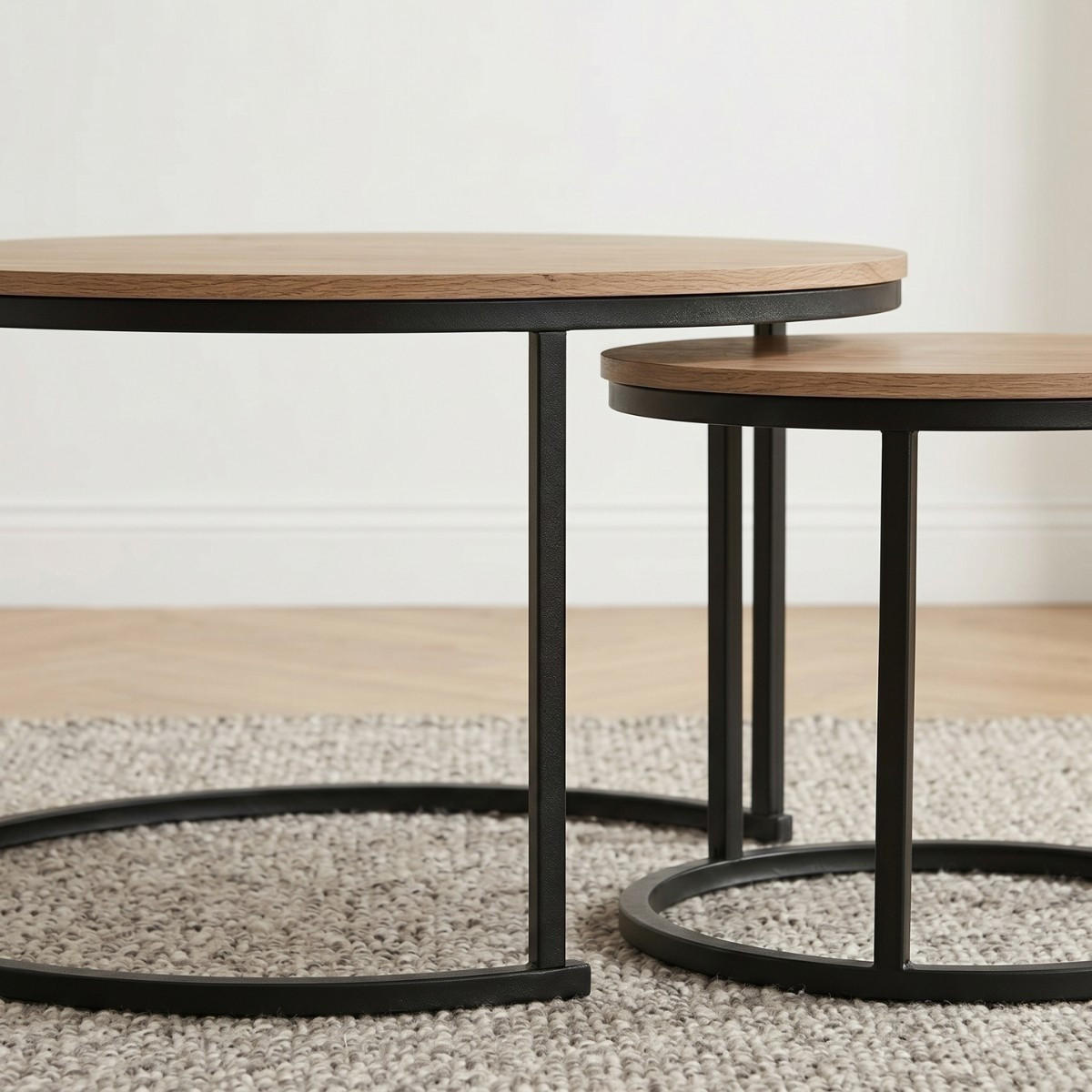 SET med 2 runda hopfällbara soffbord, 70 cm långa - LENNY - Beige, Träbaserade material (70/70/45.5cm) - Calicosy