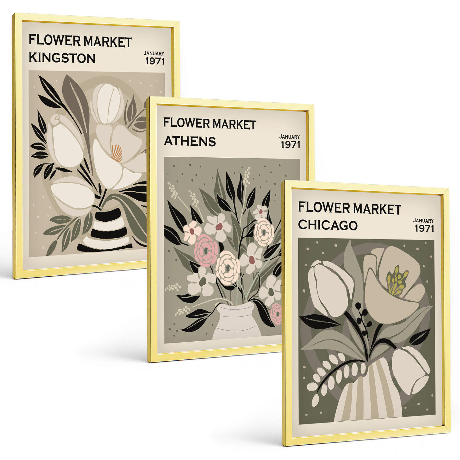 BILDER SET 3er Set - 40x60 cm Goldrahmen - Retro-Blumenarrangements - Goldfarben, Kunststoff (40/60cm) - TULUP