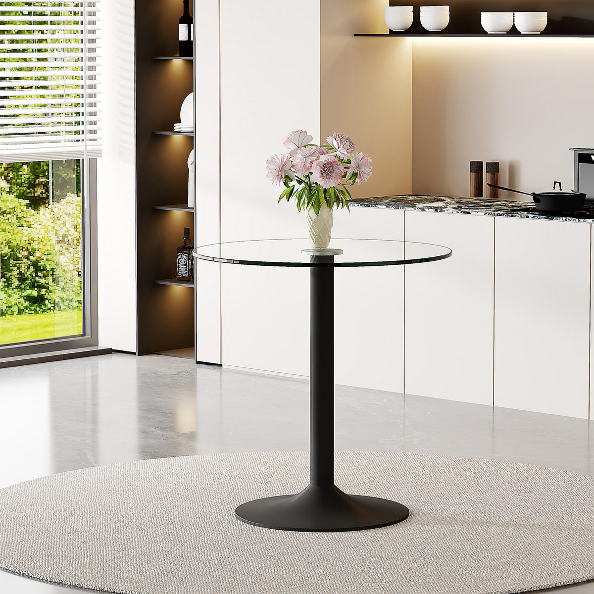 RUNDER Bartisch 89/89 cm, Höhe 92 cm mit Glasplatte und schwarzem Metallgestell - Schwarz, Holzwerkstoff (89/89/92cm) - BEAOK