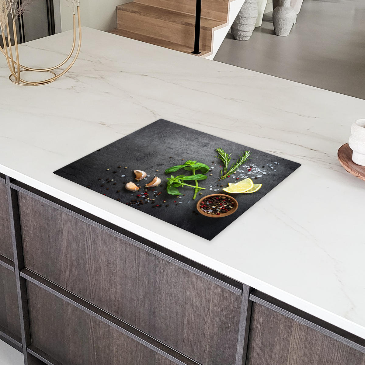 HERDABDECKPLATTE Limette - Kräuter - Gewürze - Grün - Grau - Beton 65x52 cm - Grün, Kunststoff (65/52/0.2cm) - MuchoWow