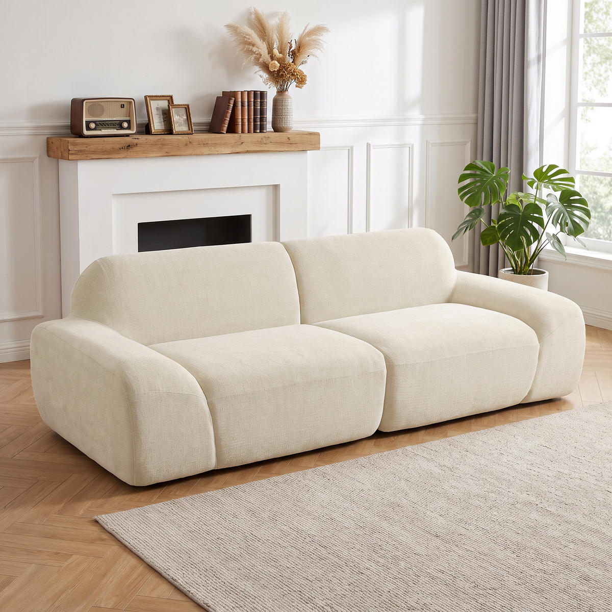 3-SITZER-SOFA Chenille 100 Polyester Schaumstoff Cremeweiß - Creme, Textil (95/70/244cm) - HOMCOM