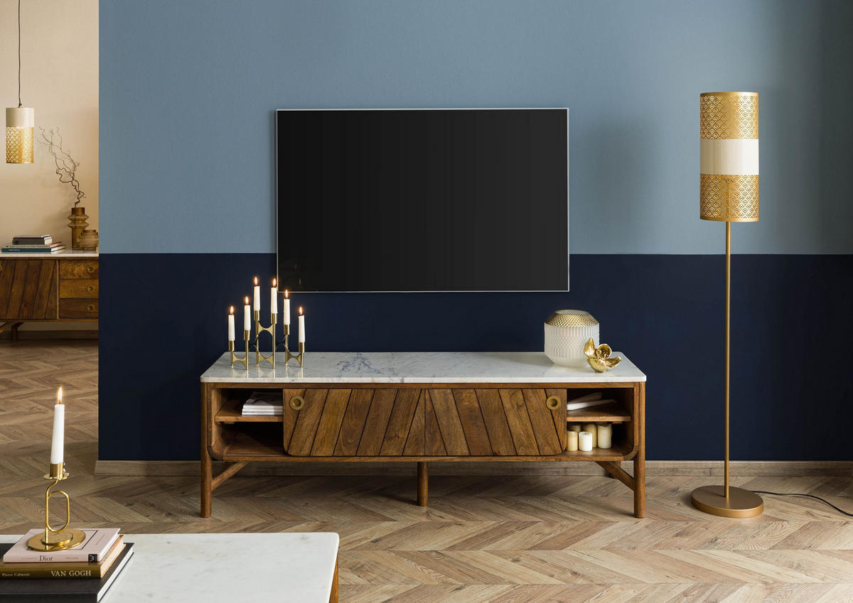 TV-BOARD Mango 160x45x50 braun geölt / echter Marmor LOS ANGELES #01 - Braun, Holz (160/50/45cm) - Massivmoebel24