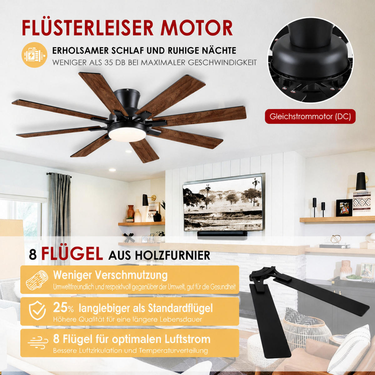 DECKENVENTILATOR Braun 132 cm mit 8 Flügeln, LED und leisem DC-Motor - Braun, Metall (132/132/27cm) - Surtime