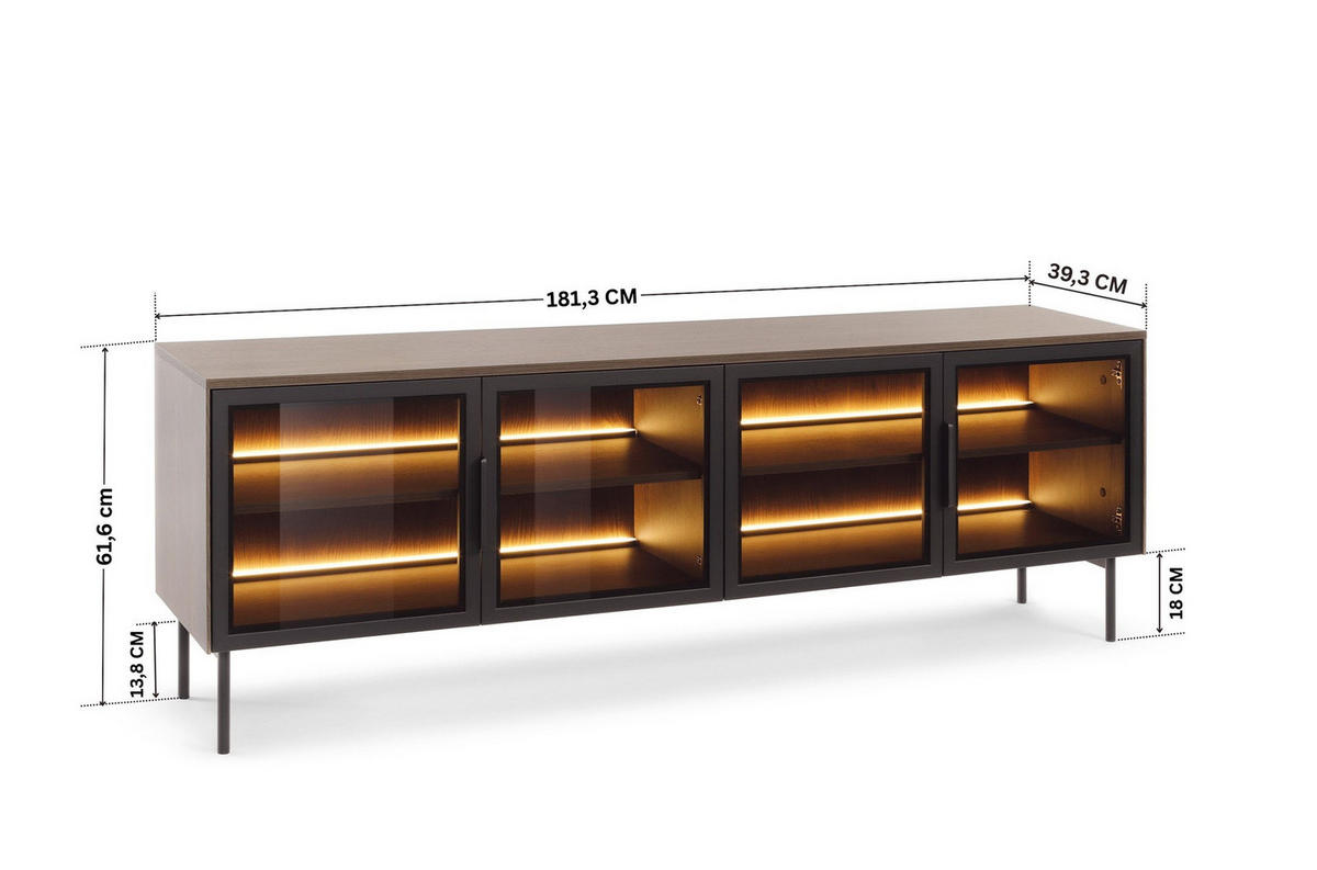 TV-LOWBOARD LUMI 181 cm Eiche Dunin - mit 4 Glastüren (Braunglas) und LED - Eichefarben/Schwarz, Holz/Holzwerkstoff (181/62/39cm) - Ravio