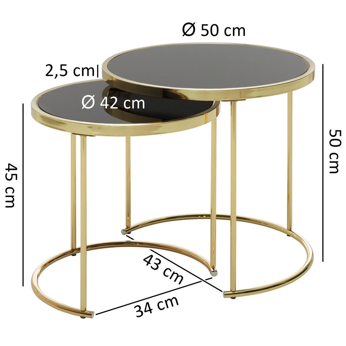 SATZTISCH Set – 2-teilig Metall Hochglanz schwarzes Glas 50/42 cm - Goldfarben/Schwarz, Glas/Metall (50/50/50cm) - KADIMA DESIGN
