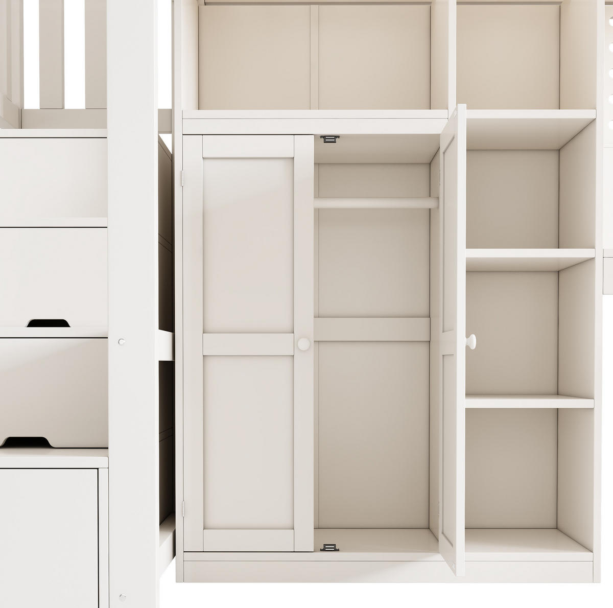 HOCHBETT aus Kiefernholz, MDF und Sperrholz 90x200 cm Weiß mit Schreibtisch, Kleiderschrank, Regalen und USB/USB-C - Weiß, Holzwerkstoff (90/200cm) - Modfu