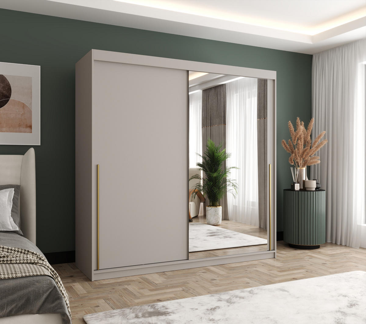 SCHIEBETÜRENSCHRANK mit Spiegel 200 cm Breite Kaschmir mit Goldgriff - Kaschmir/Goldfarben, Holzwerkstoff (250/200/62cm) - Home Collective