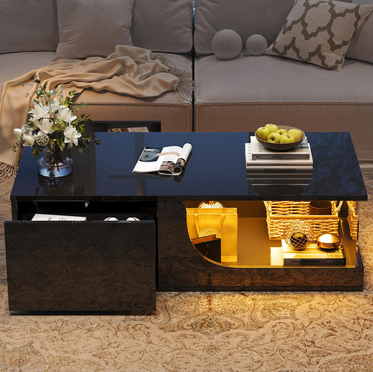 COUCHTISCH 100/50/30 cm in Schwarz mit LED-Beleuchtung und 2 Schubladen - Schwarz, Holzwerkstoff (100/50/30cm) - Flora Grace