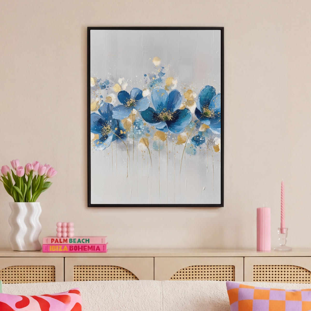 LEINWAND Bilder mit Rahmen - Blumen - Blau - Abstrakt - 70x100 - Hellgrau, Textil (70/100cm) - MuchoWow