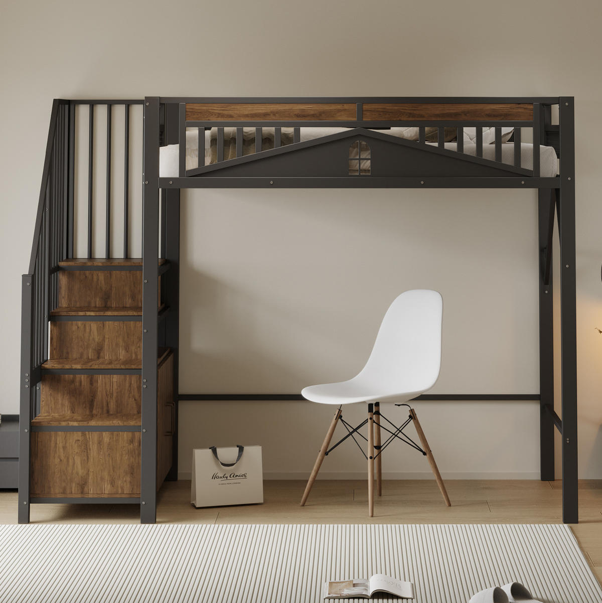HOCHBETT aus Metall und Holz 90x200 cm Schwarz mit Stauraumtreppe, Schrank und Sicherheitszaun mit Fenster - Schwarz, Metall (90/200cm) - Modfu