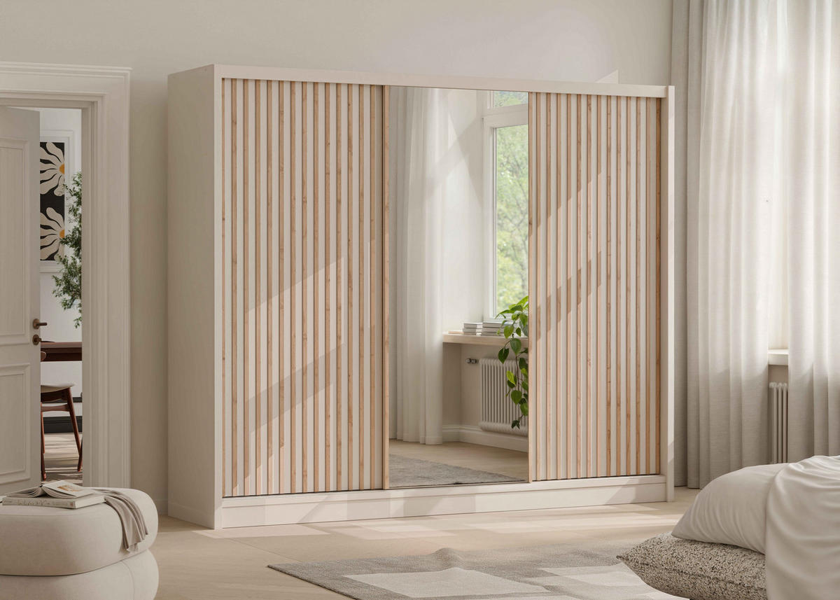 SCHWEBETÜRENSCHRANK SORA 250/215/60,5 cm 3-türig mit Spiegel Kaschmir - Kaschmir, Holzwerkstoff (250/215/60.5cm) - MASSENO