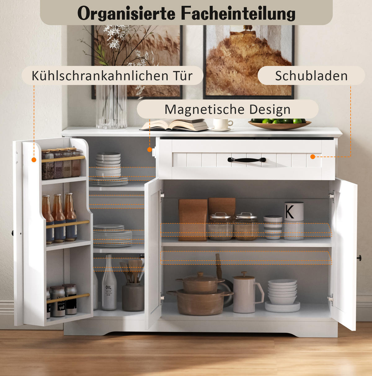 SIDEBOARD in Weiß mit 3 Türen, 1 Schublade und verstellbaren Einlegeböden,107/83.4/40 cm - Weiß, Holzwerkstoff (107/83.4/40cm) - Flora Grace