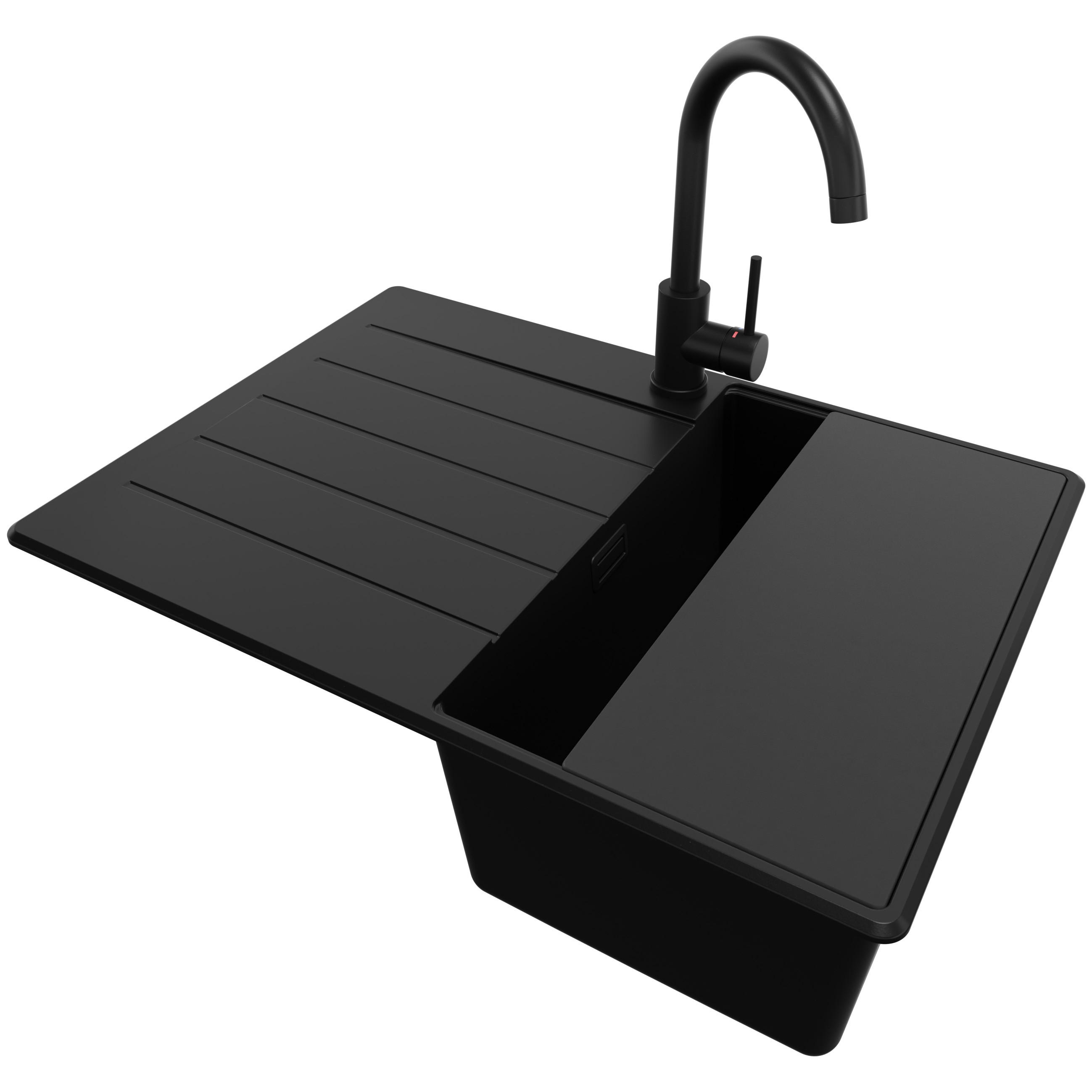 GRANITSPÜLE Kopenhagen, 2-er set Alles Schwarz 70/50 cm 1 Becken + Küchenarmatur 32/20 cm + Ablauf-Set + Schneidebrett ab 40er Unterschrank - Schwarz, Kunststoff (70/20/50cm) - Primagran