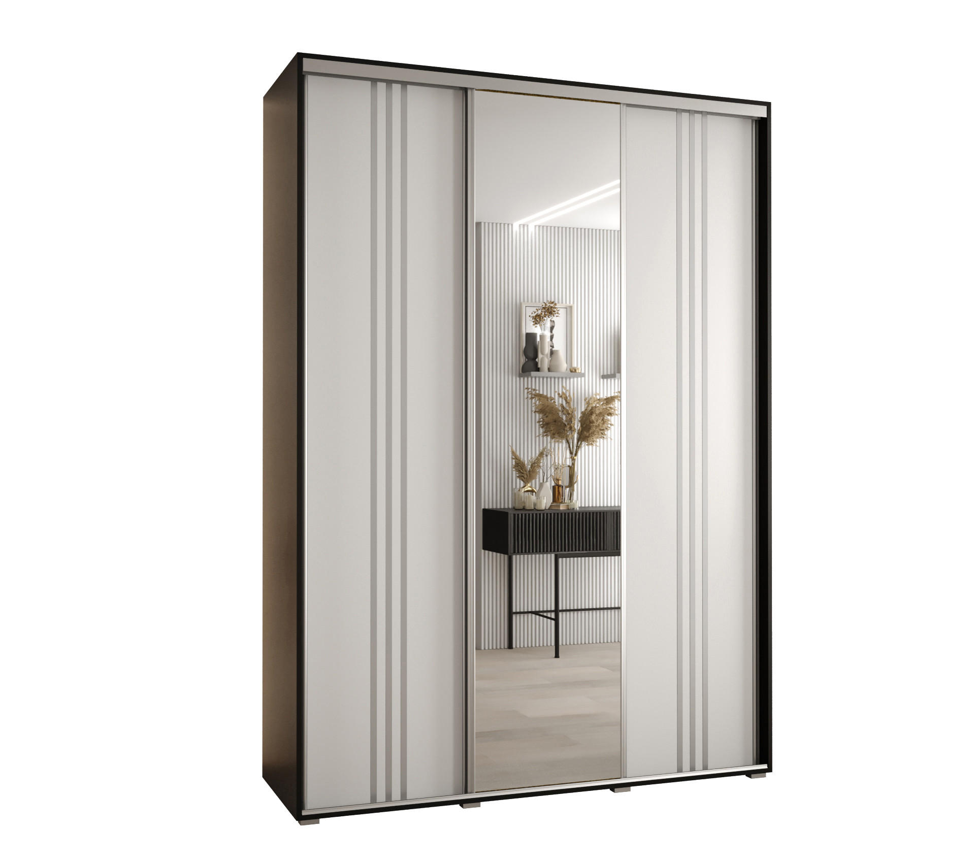 Abiks Möbel Schwebetürenschrank Schwarz, Weiß, Silber 180x235x60 cm