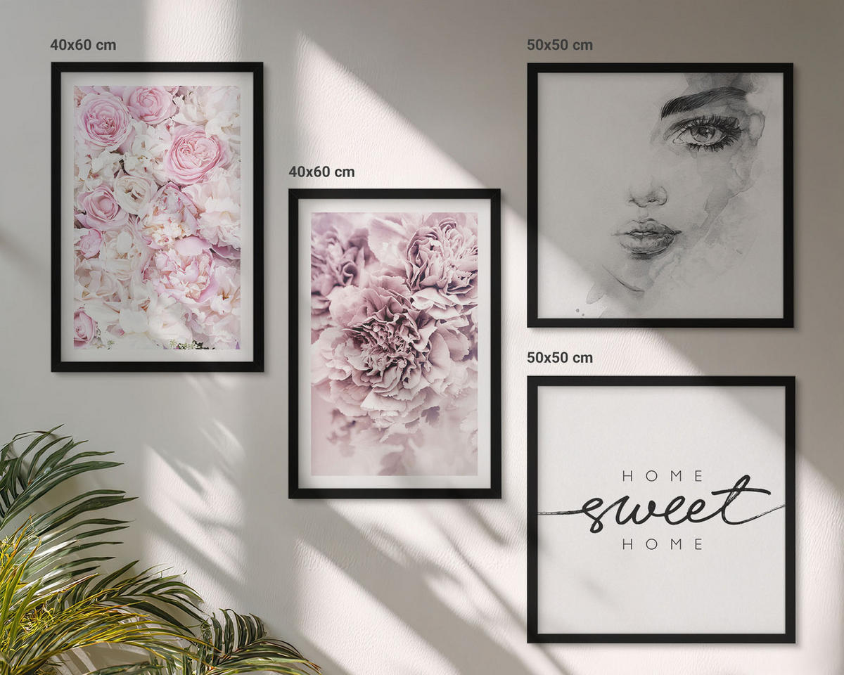 BILDER SET 4er Set - 50x50 cm & 40x60 cm Schwarzer Rahmen - Pfingstrosenporträt einer Frau zu Hause - Schwarz, Kunststoff (50/50cm) - TULUP