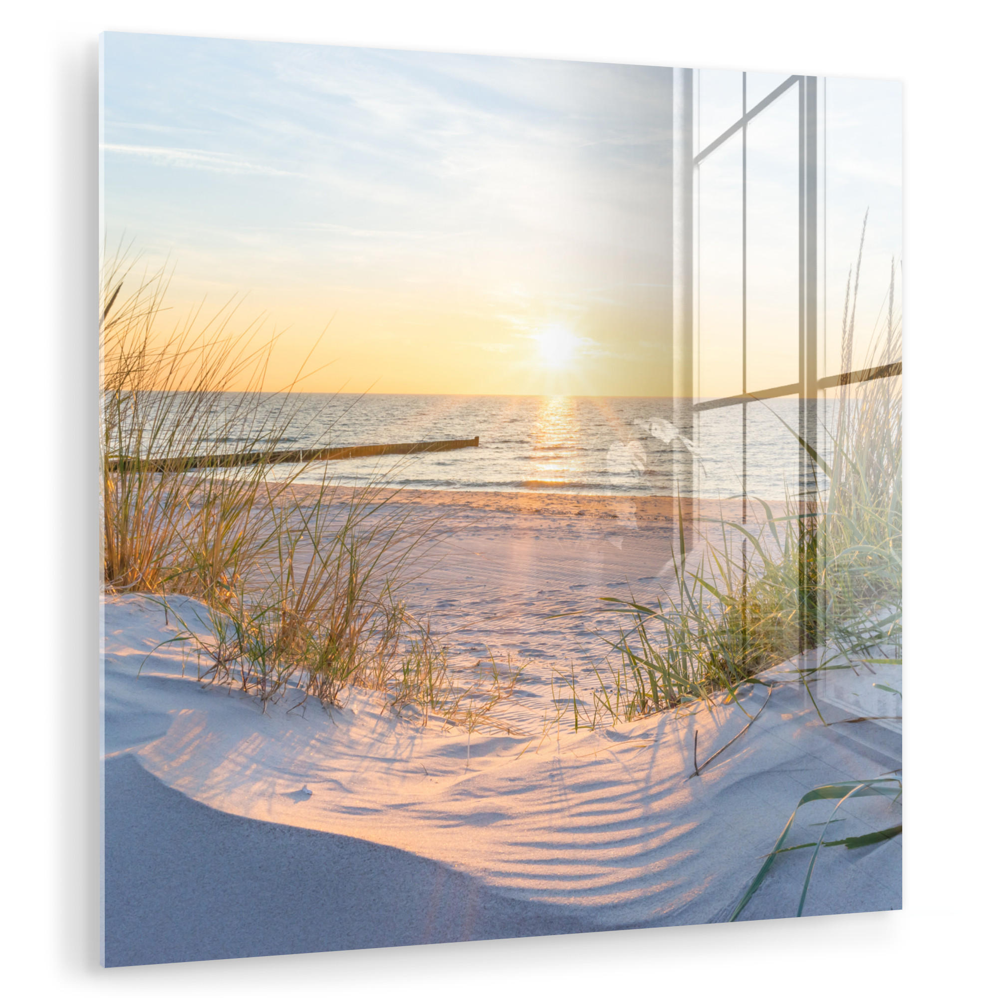 ACRYLGLASBILD Strand - Sonne - Düne - Gras - Sand - Horizont 50x50 cm - Hellblau, Glas (50/50cm) - MuchoWow