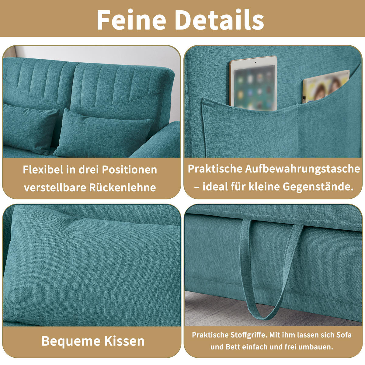 SCHLAFSOFA Baumwoll-Leinen mit Ausziehfunktion und verstellbarer Rückenlehne Antik Blaugrün 114/77/82,5 cm - Türkis, Textil (77/82.5/114cm) - Redom