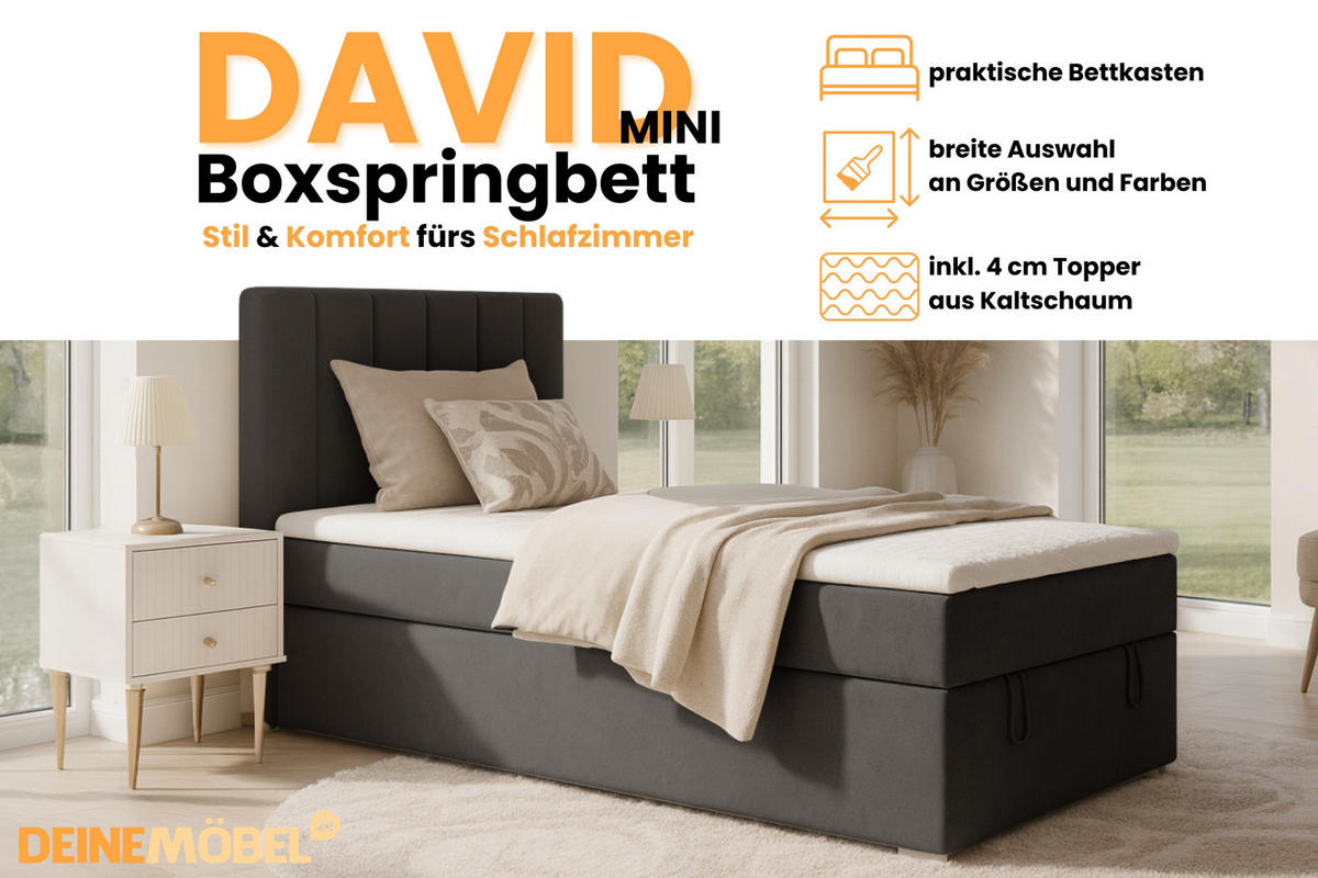 BOXBETT DAVID MINI 120/200 in Velours Anthrazit H4 - Anthrazit, Holz/Holzwerkstoff (120/200cm) - Deine Möbel 24