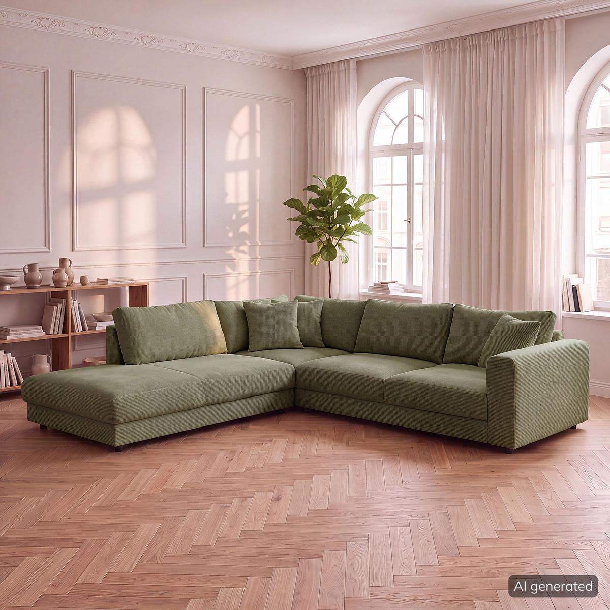 ECKSOFA mit Ottomane - Schwarz/Grün, Holz/Kunststoff (267/254cm) - home24