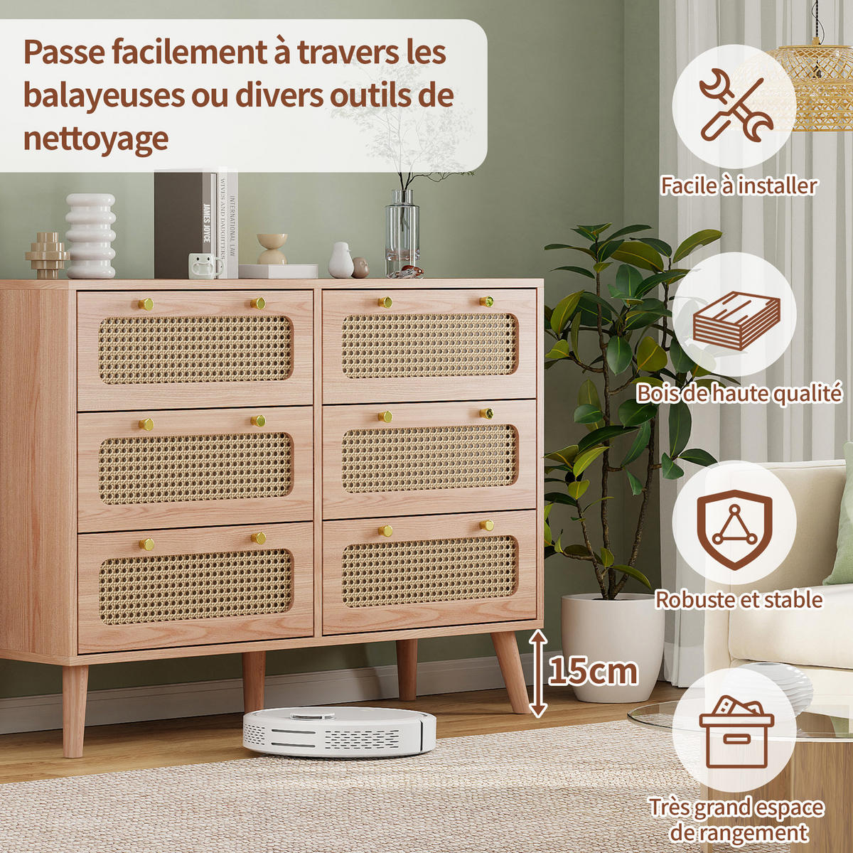 KOMMODE 6 Schubladen Rattan Boho Holz - Naturfarben, Holz (34/73/100cm) - Fortuna Lai