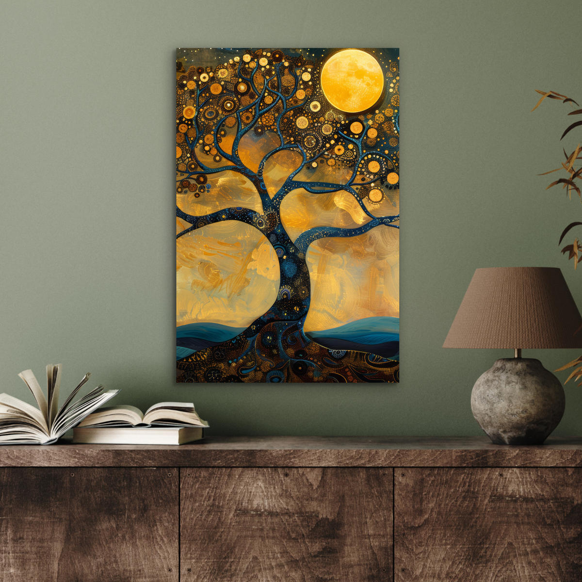METALLBILD Baum - Mond - Blumen - Gold - Kunst 40x60 cm - Orange, Metall (40/60cm) - MuchoWow