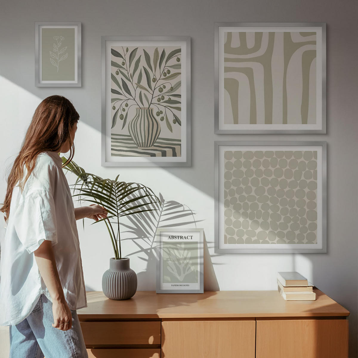 BILDER SET 5er Set - 50x50 cm & 20x30 cm & 40x60 cm Silberner Rahmen - Abstrakte Pflanzenmuster - Silberfarben, Kunststoff (40/60cm) - TULUP