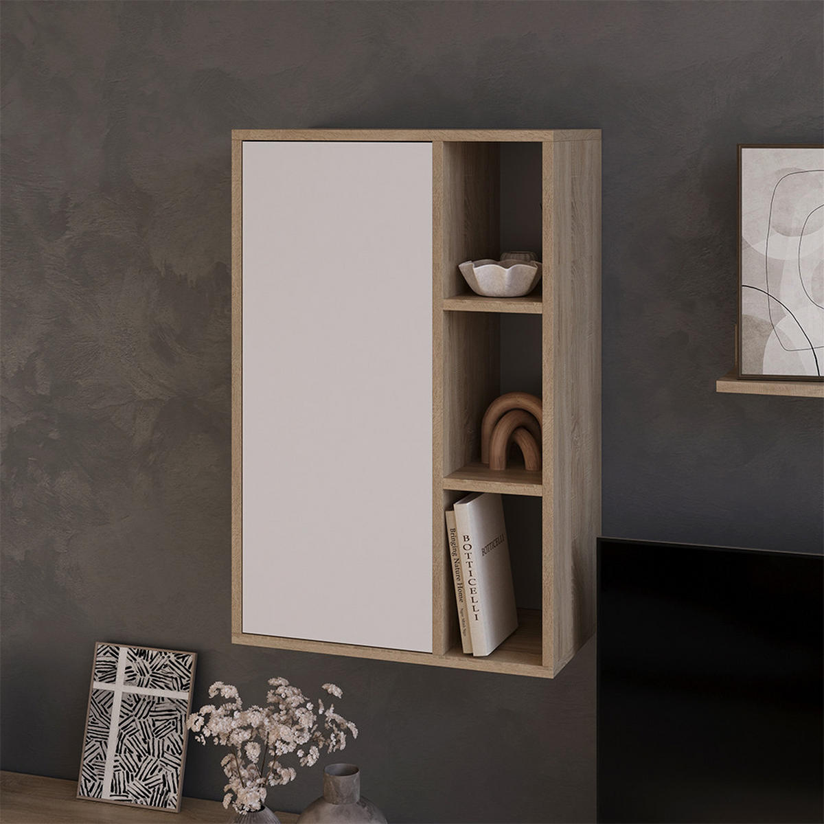 STĚNOVÁ POLICE Berno Sonoma/bílá - bílá/Sonoma dub, kompozitní dřevo (50.1/78.4/28.3cm) - Vicco