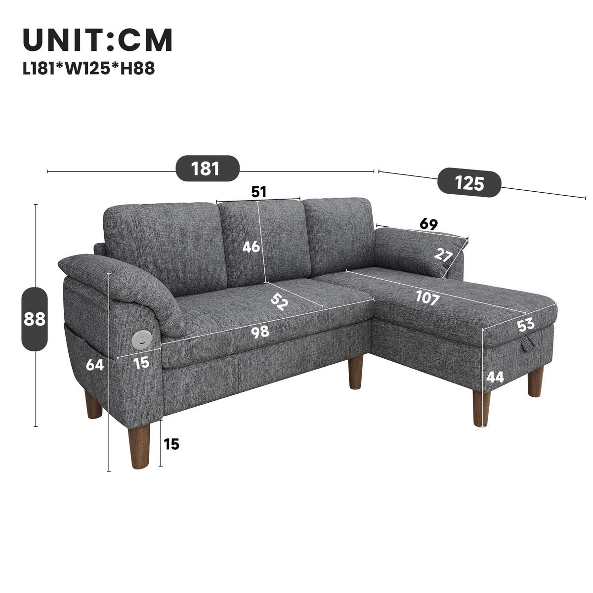 ECKSOFA mit Chenille Bezug, L Form, Stauraum, USB/Type-C, Taschenfederkern und Kissen - Hellgrau, Textil (181/125cm) - EVRYAE