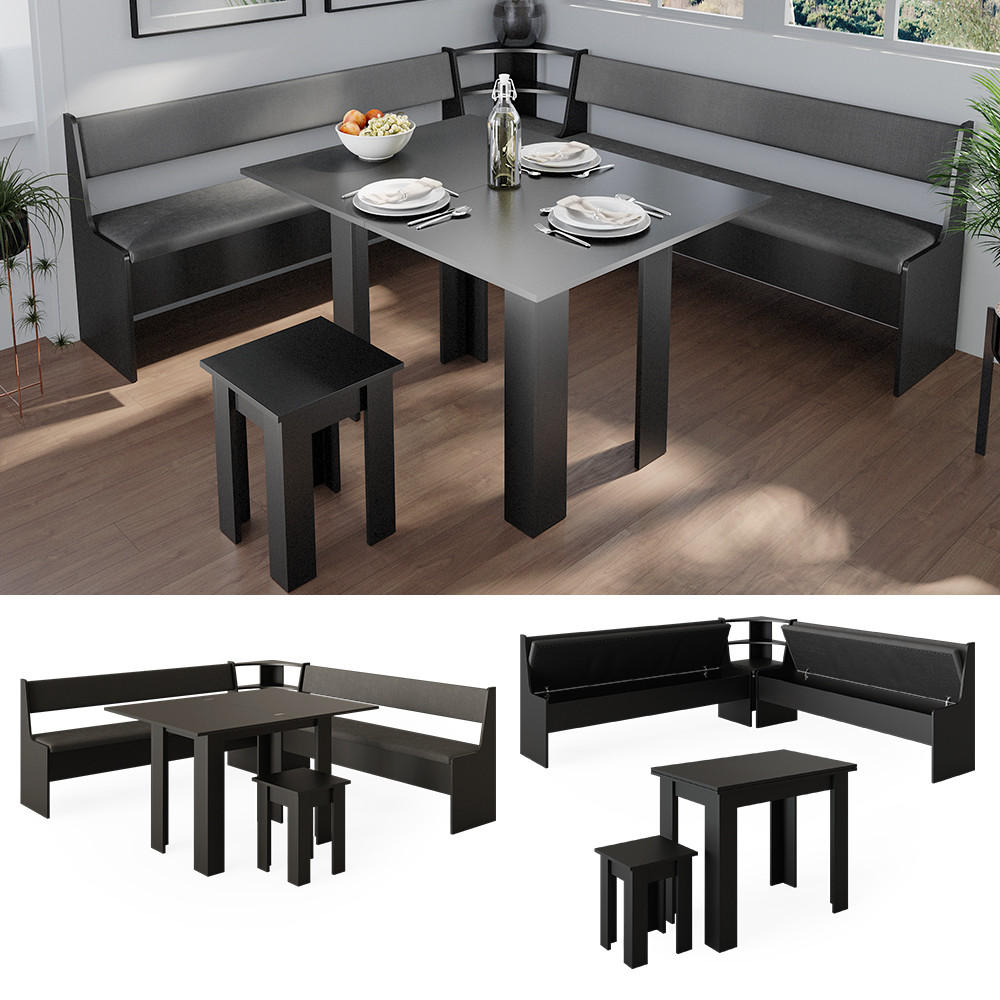 ECKBANKGRUPPE Roman Schwarz 210 x 41.5 cm mit Tisch - Schwarz, Holzwerkstoff (210/80/210cm) - Vicco