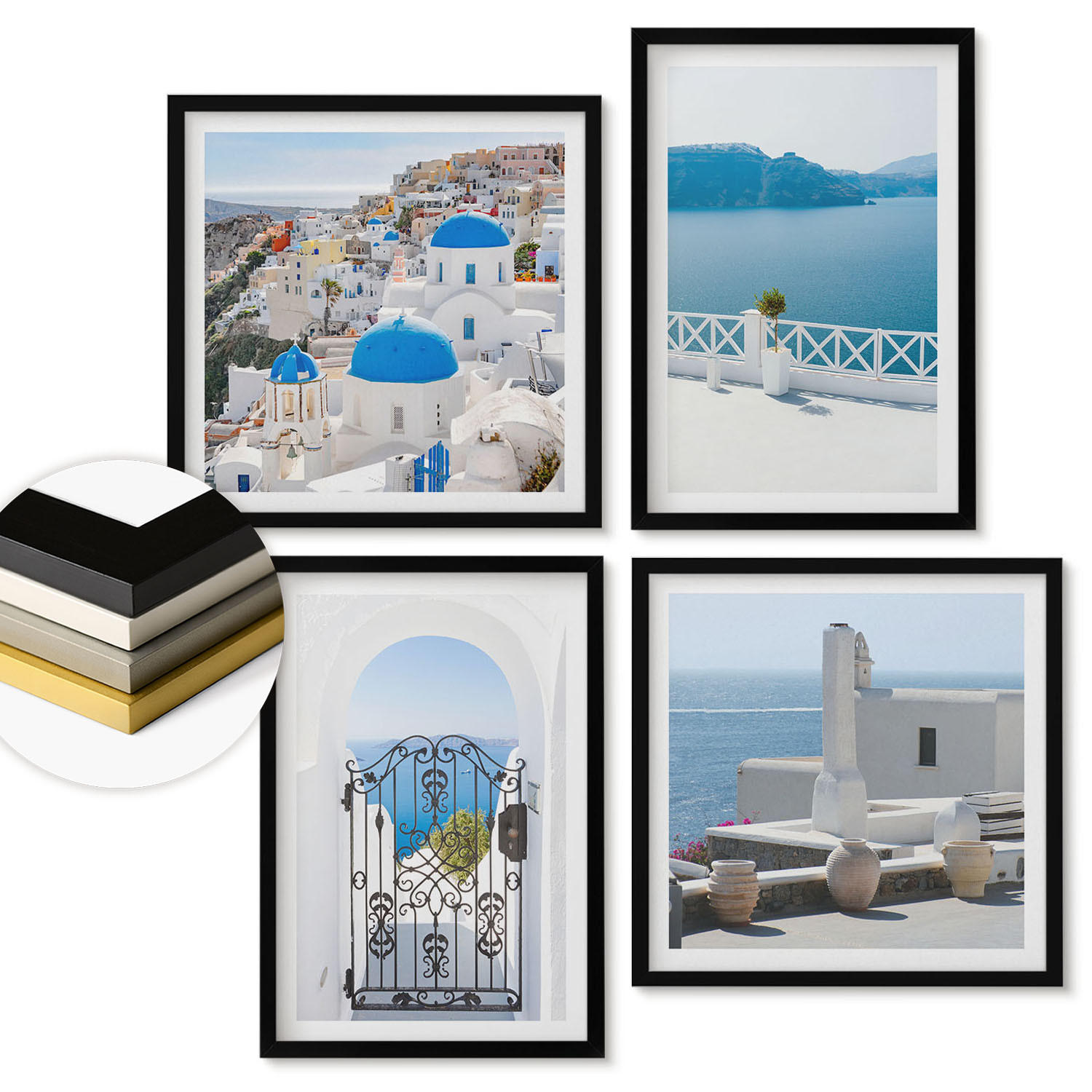 WANDBILDER 4er-Set - 50x50 cm & 40x60 cm Schwarzer Rahmen - Gebäude am Weißen Meer, Griechenland - Schwarz, Kunststoff (50/50cm) - ArtPrintCave
