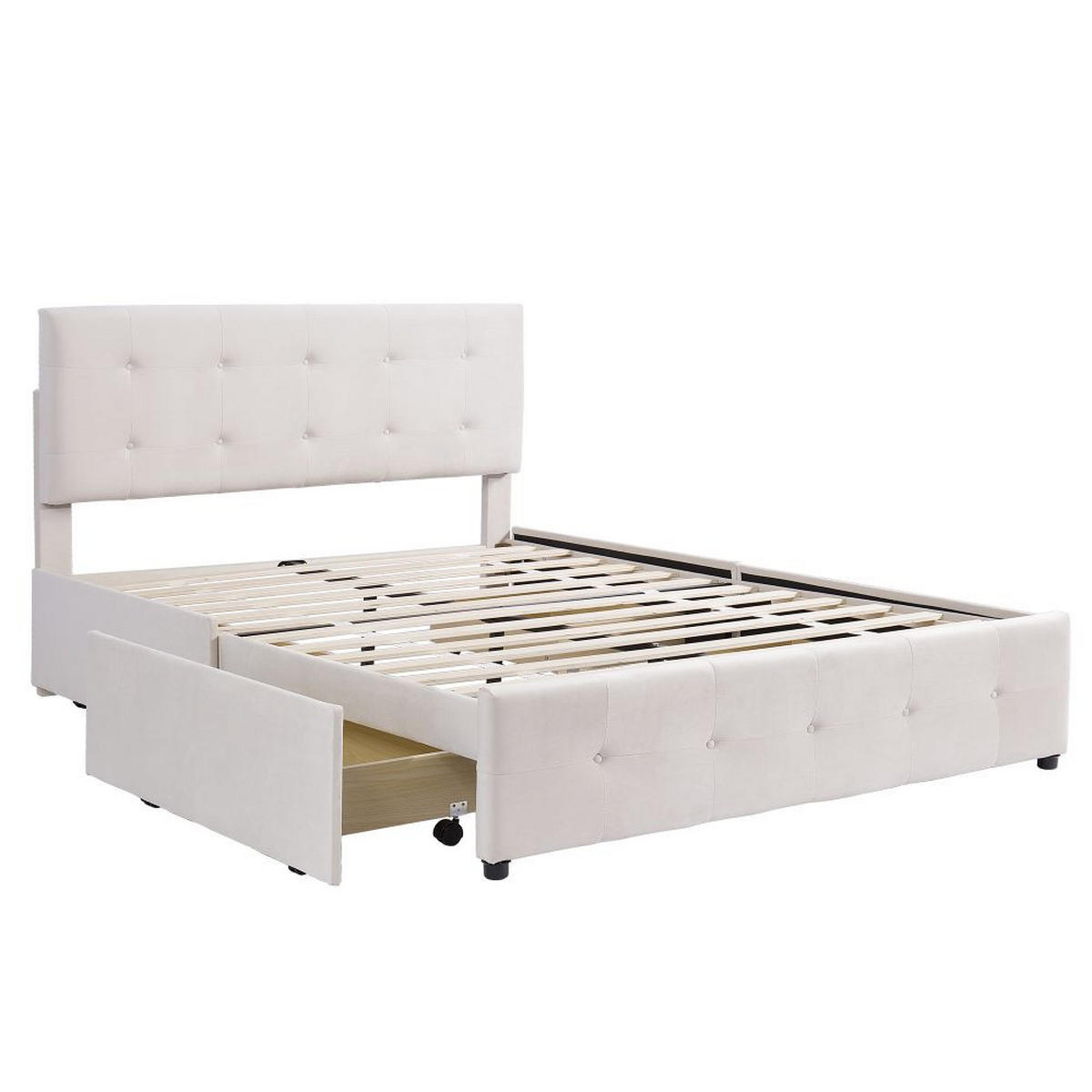 POLSTERBETT 140/200 cm in Samtstoff mit Schubladen - Beige, Holz/Textil (140/200cm) - KOMHTOM