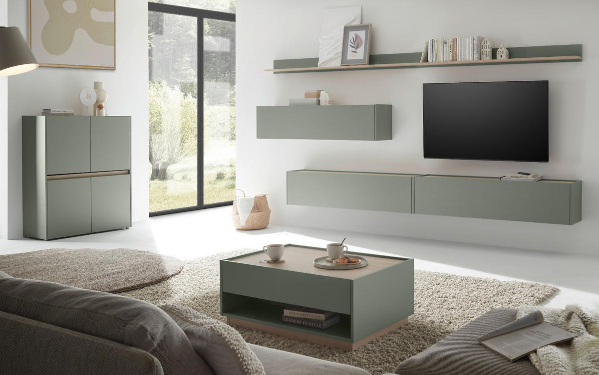 TV-LOWBOARD in Salbei Grün mit Eiche, Hängeschrank mit Stauraum, 150 cm - Salbeigrün/Eichefarben, Holz/Holzwerkstoff (150/35/30cm) - Furn.Design