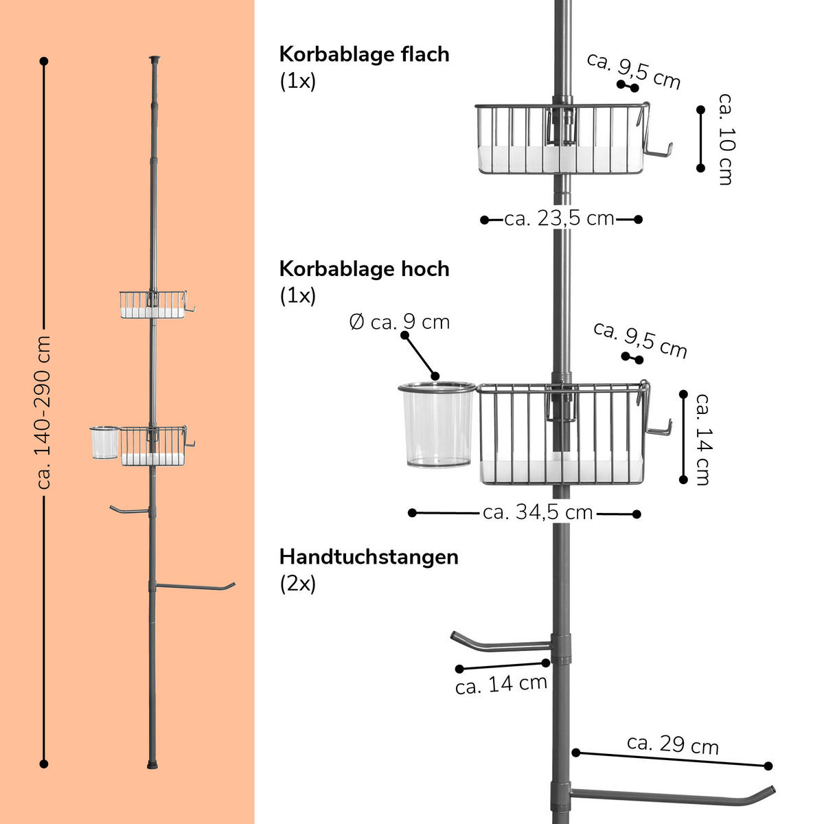 BADREGAL, grau - Grau, Metall (34.5/290/14cm) - bremermann