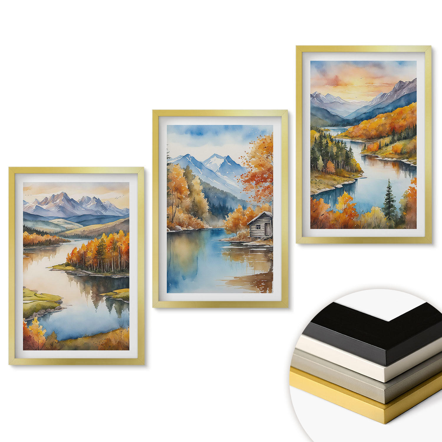 WANDBILDER 3er Set - 40x60 cm Goldrahmen - Herbstliche Berglandschaften - Goldfarben, Kunststoff (40/60cm) - ArtPrintCave