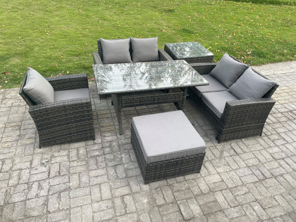 GARTENMÖBELSET mit 2-Sitzer Sofa,3 Hockern,Esstisch,Beistelltisch Polyrattan Dunkelgrau 6-Sitzer - Dunkelgrau/Grau, Glas/Kunststoff - Fimous