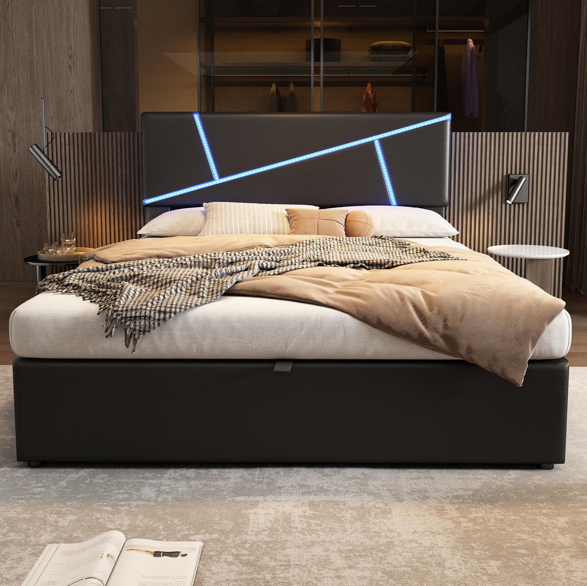 POLSTERBETT mit LED-Beleuchtung 90/200 cm mit Bettkasten und gepolstertem Kopfteil - Schwarz, Kunststoff (90/200cm) - BEAOK