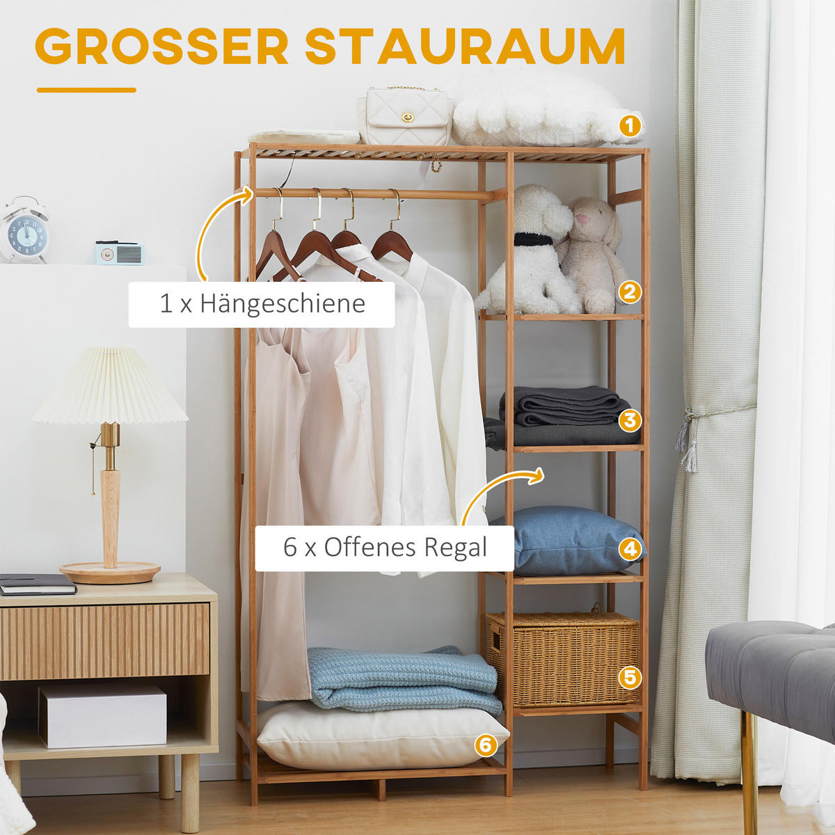 KLEIDERSTÄNDER Garderobenständer mit Kleiderstange, Schuhablag, Regal, Garderobe - Naturfarben, Holzwerkstoff (30/145/90cm) - HOMCOM