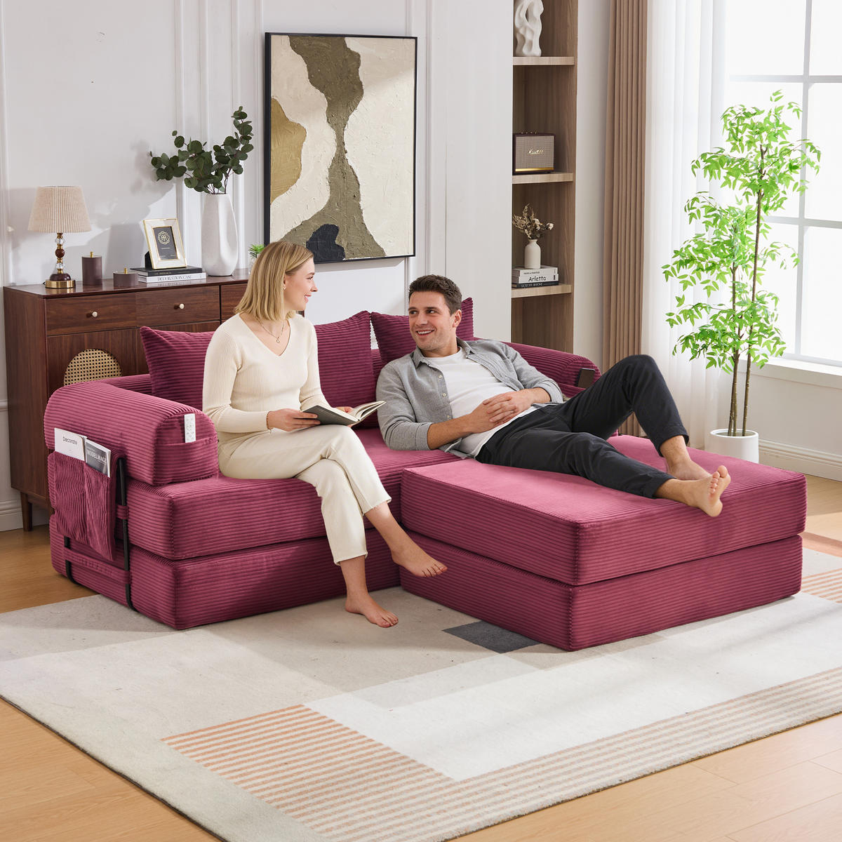 ECKSOFA Cord Weinrot mit Hocker und Kissen - Weinrot, Textil/Metall (218/285cm) - WISHDOR