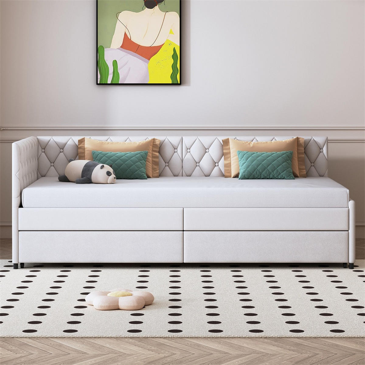 POLSTERBETT 90x200 cm mit Ausziehbares Bettgestell - Kopfteil im Nieten-Design - ohne Matratze - Samtstoff - Beige - Beige, Textil (90/200cm) - DELFA