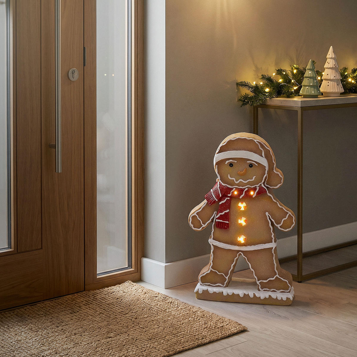 FIGURKA PERNÍKOVÉHO MUŽÍČKA s čepicí a šálou, 76 cm, vánoční dekorace do interiéru s LED osvětlením - hnědá, kámen (47/76/20cm) - ECD-Germany