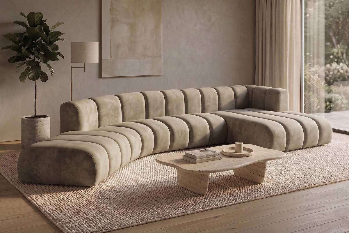 ECKSOFA Modulares In L-Form, Velvet-Stoff Riviera, Beige, Rechts, GRAND Round - Beige, Holz (445/179cm) - Kaiser Möbel