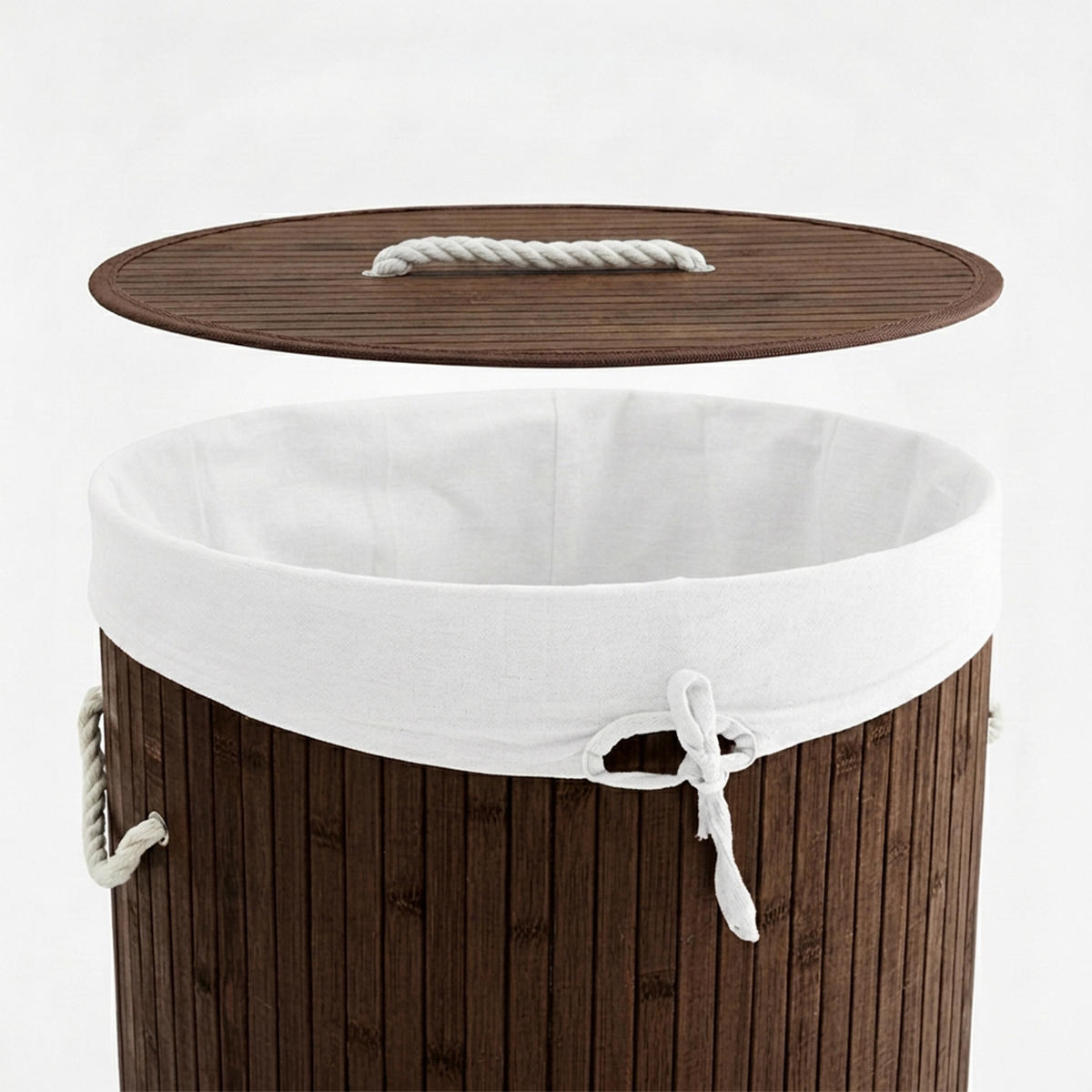 KOŠ ZA PERILO rjava bambus okrogel s pokrovom zložljiv 70 l - rjava, tekstil/les (41/65/41cm) - Relaxdays