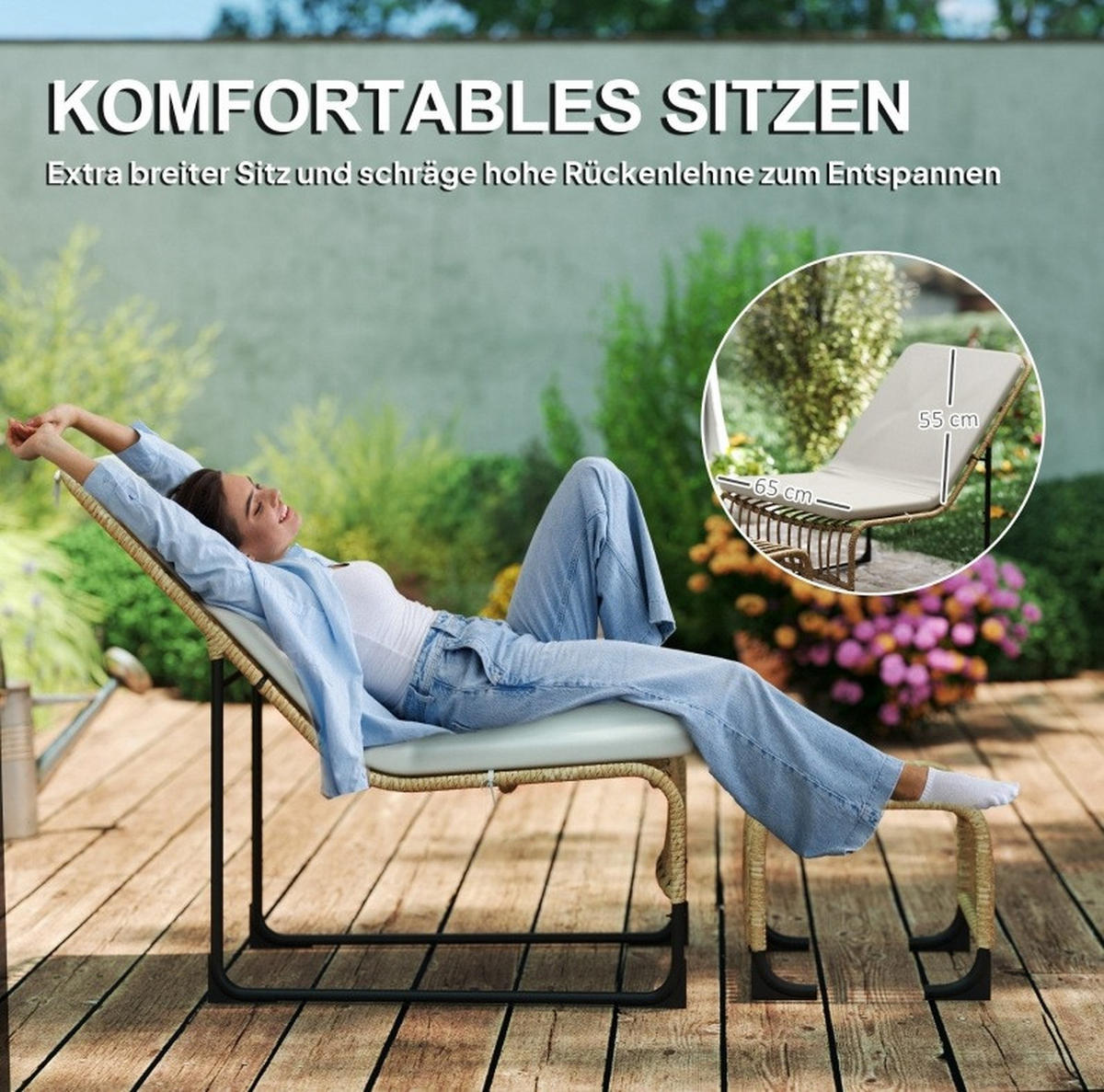 GARTEN-RELAXSESSEL aus Rattan & Metall 65x93x80 cm in Beige mit Fußhocker - Beige, Metall (65/80/96cm) - Modfu