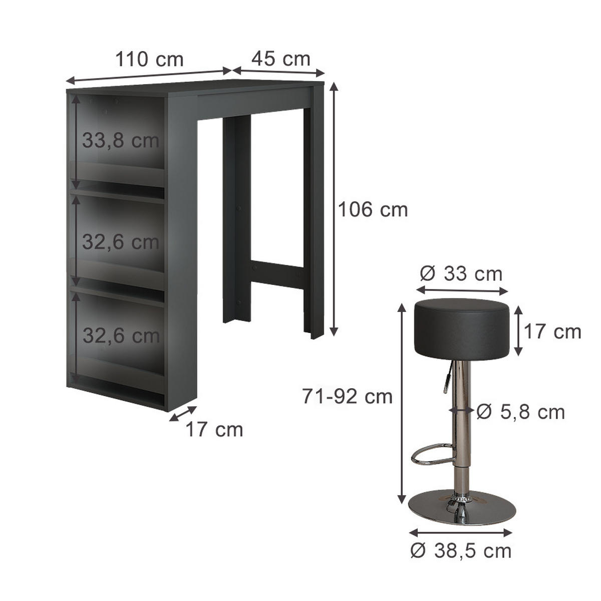 BARTISCH-SET Repose Anthrazit 45 x 110 cm mit 2 Barhockern - Anthrazit, Holzwerkstoff (110/45/106cm) - Vicco