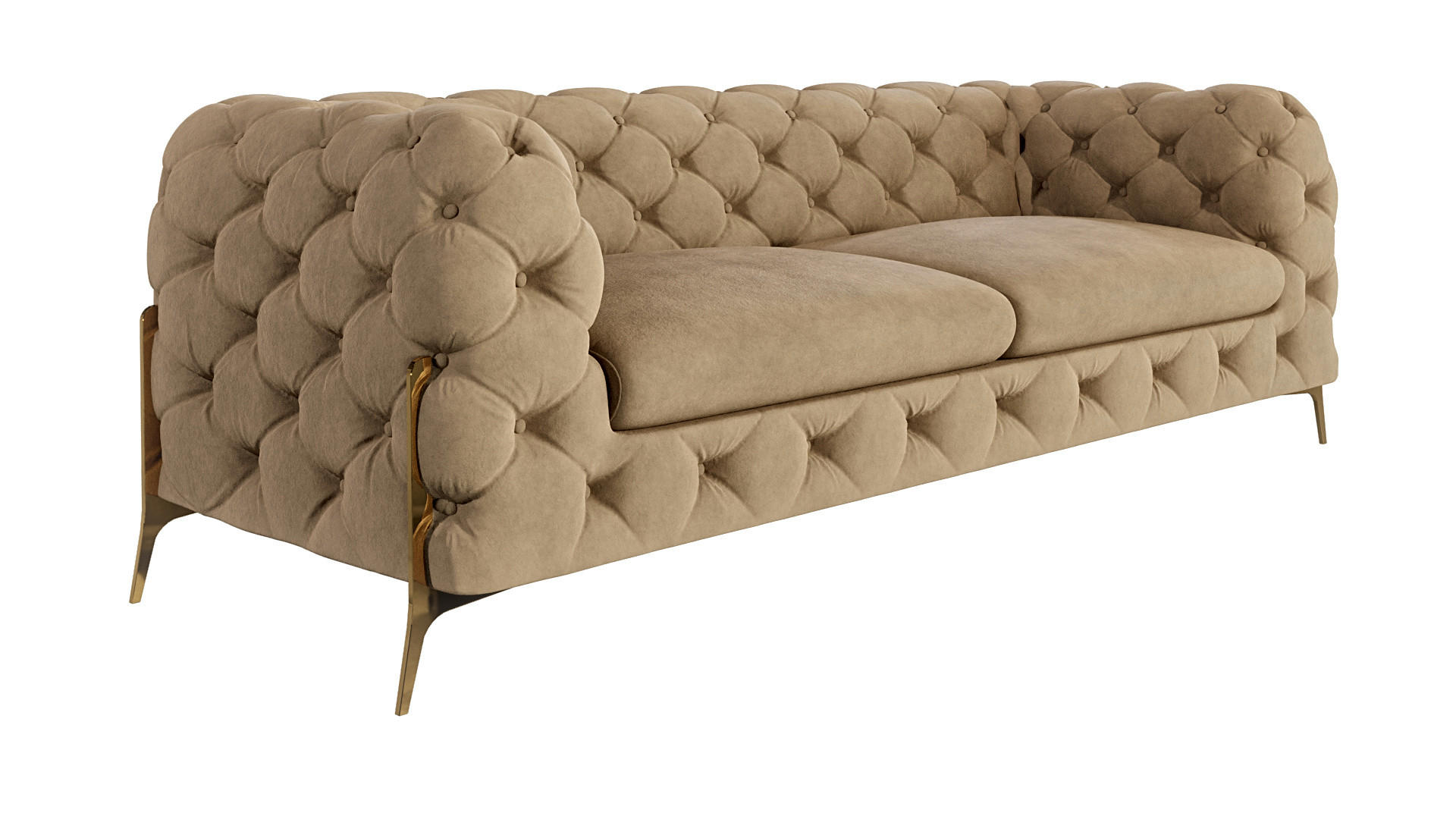 S-Style CHESTERFIELD TŘÍMÍSTNÁ POHOVKA Lexi z béžového sametu se zlatými nohami