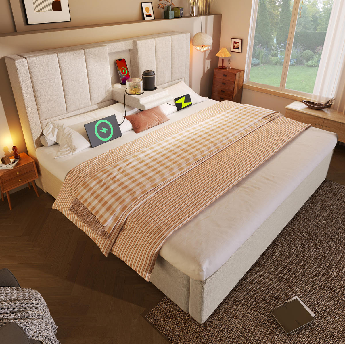 POLSTERBETT mit Stauraum & Ladestation 140x200 cm Leinen Beige inkl. Matratze - Beige, Metall (140/200cm) - Meubliv