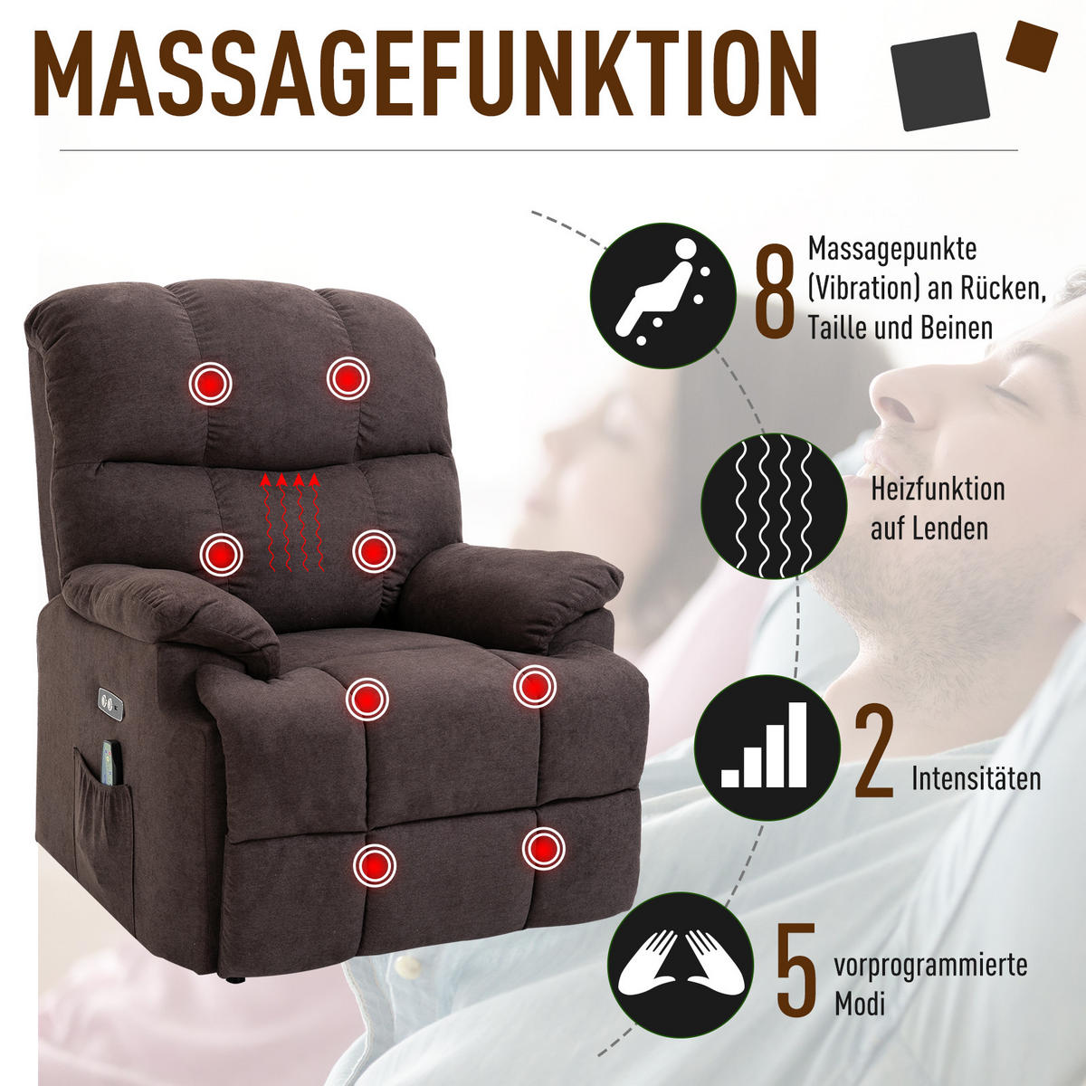 MASSAGESESSEL mit Aufstehhilfe Relaxsessel Fernsehsessel mit Wärmefunktion Braun - Braun, Kunststoff (95/105/83cm) - HOMCOM