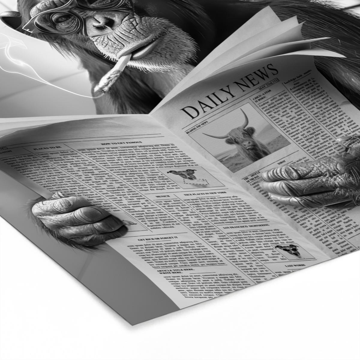 POSTER MIT RAHMEN Affe - WC - Zeitung - Schwarz-Weiß - Humor 40x40 cm - Hellgrau, Papier (40/40cm) - MuchoWow