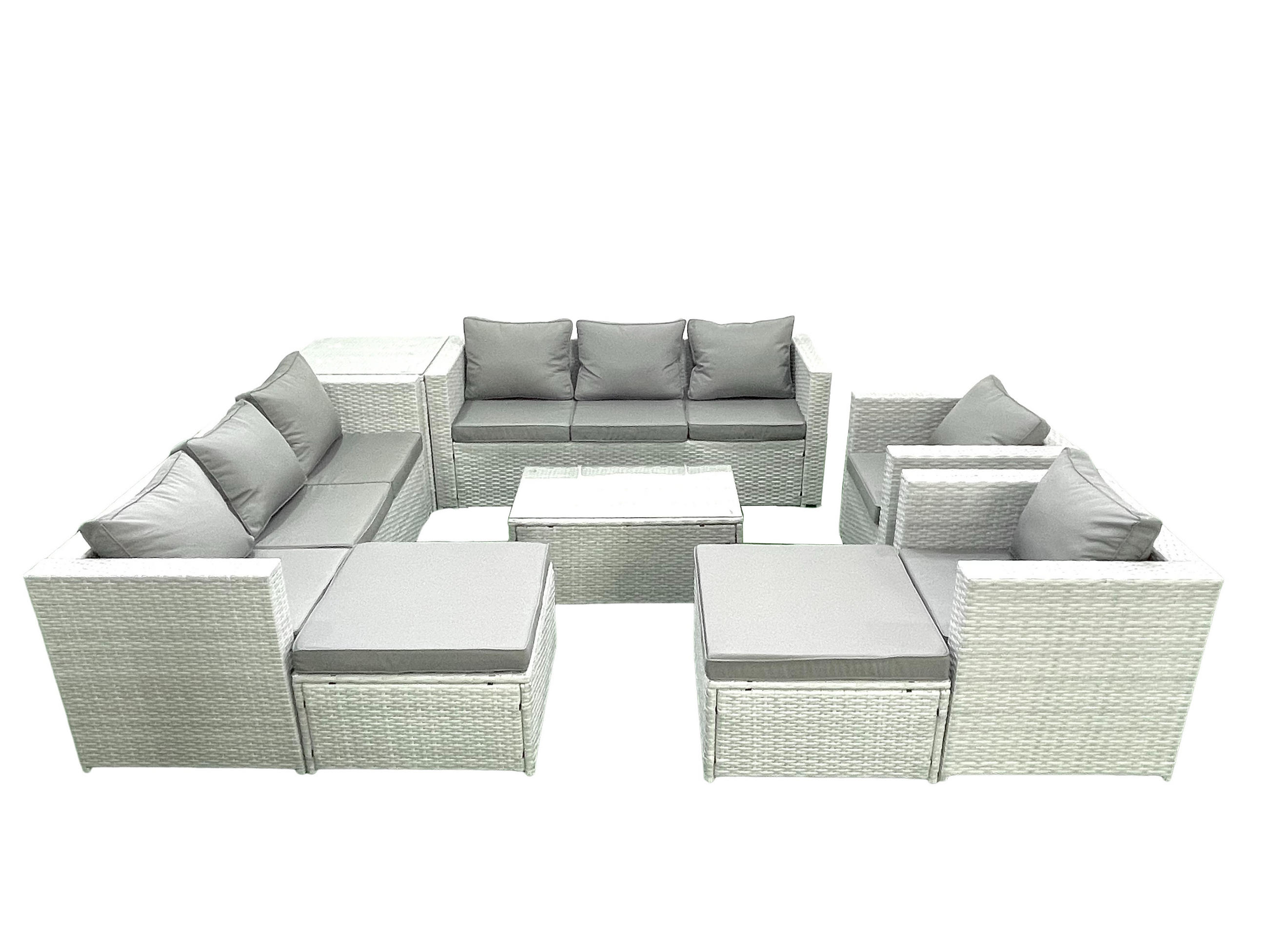 GARTENGARNITUR mit 3-SITZER SOFA,COUCHTISCH Polyrattan Hellgrau-Mix 10-Sitzer - Hellgrau/Grau, Glas/Kunststoff - Fimous